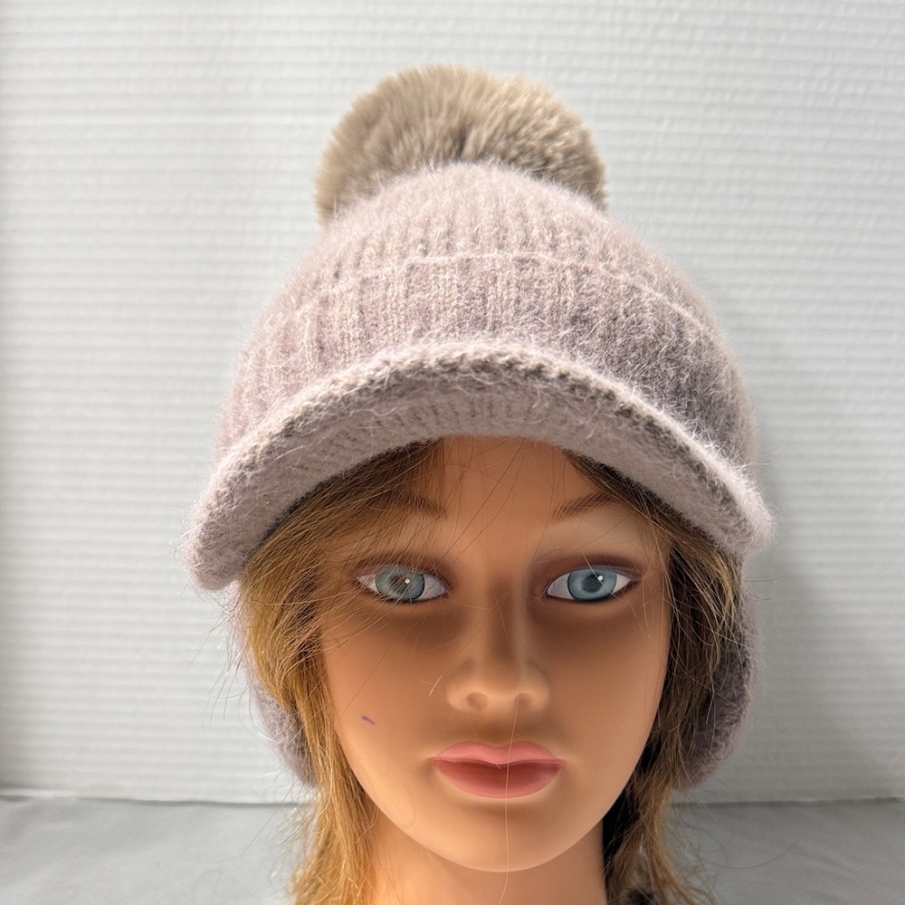 Tourance Chiara Taupe Beanie Knit Hat Cap with Pom Pom Gold Threads Ear Covers